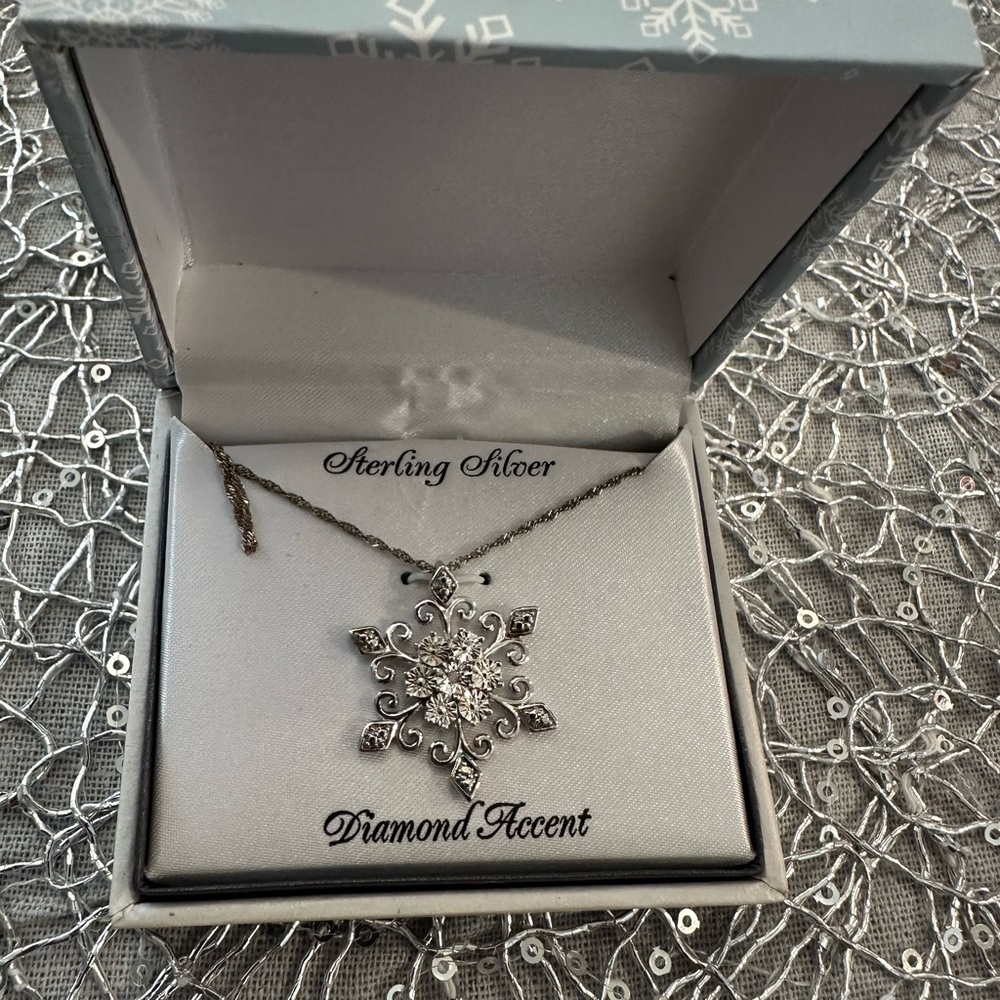 Sterling Silver Snowflake Necklace with Diamond Accent